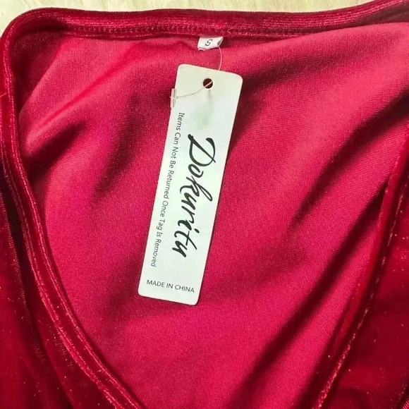 Dokuritu Women’s Red Velvet Wrap Dress - Size Small, Long Sleeve, Sparkle Detail - Picture 2 of 3